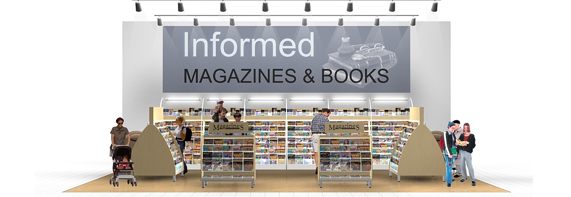 A magazine and book store display with neatly arranged shelves, a large 